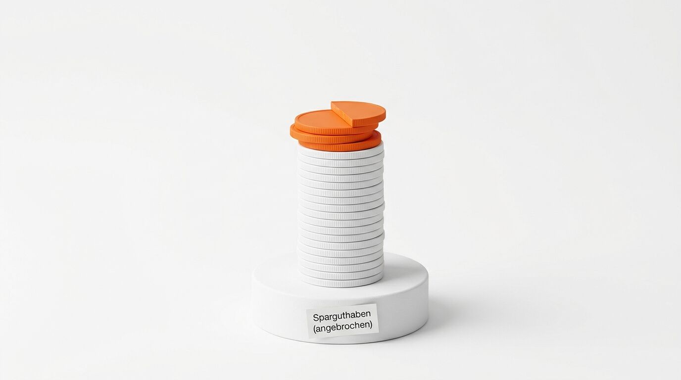 Münzstapel aus weißen und orangefarbenen Scheiben auf Sockel mit Beschriftung