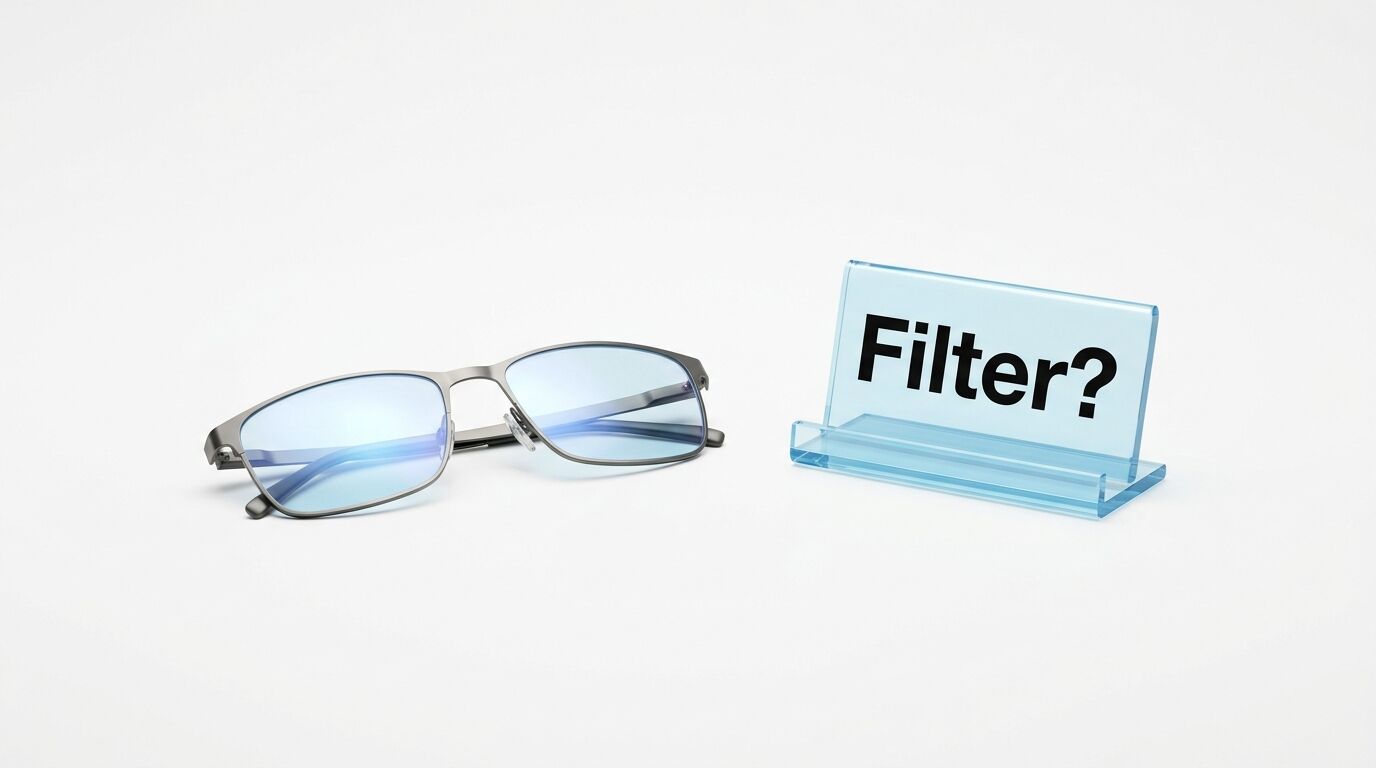 Metallbrille und blaues Glasschild mit dem schwarzen Text „Filter?“ auf weißem Hintergrund