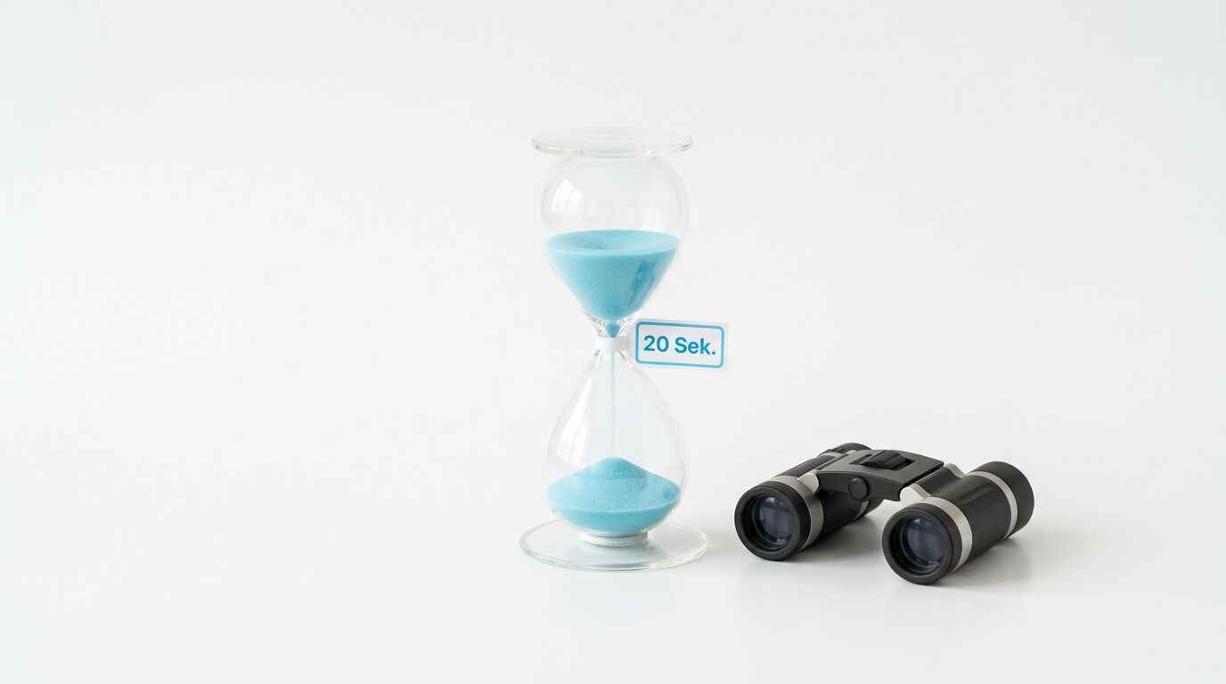 Sanduhr mit blauem Sand und Schild „20 Sek.“, daneben ein Fernglas auf weißem Grund