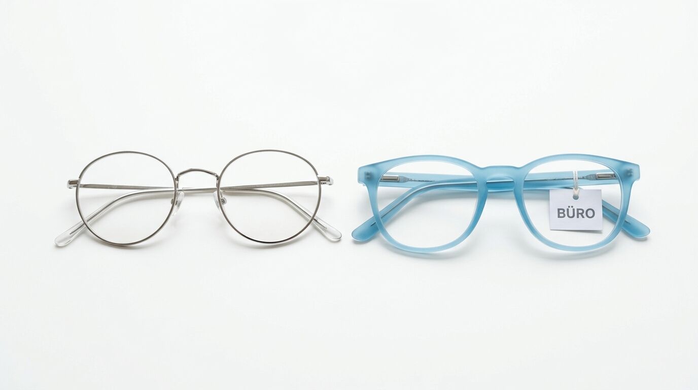 Silberne Metallbrille und hellblaue Kunststoffbrille mit „BÜRO“-Etikett nebeneinander