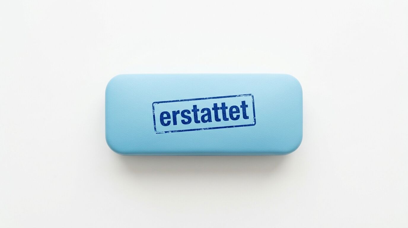 Blaues Brillenetui mit dunkelblauem Aufdruck „erstattet“ auf weißem Grund