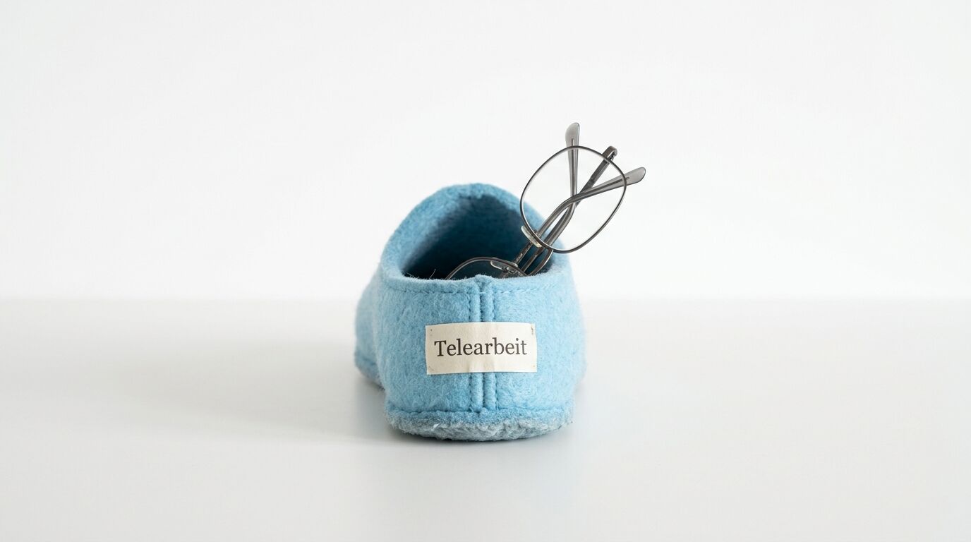 Ein hellblauer Filzhausschuh mit Brille und Aufschrift Telearbeit auf Weiß
