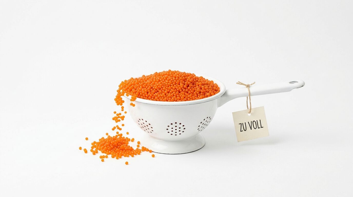 Ein Sieb überquellend mit orangefarbenen Kügelchen und ein Zettel „ZU VOLL“