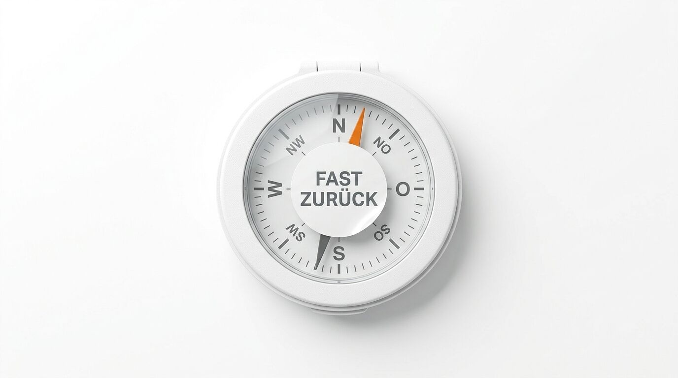 Ein weißer Kompass mit Nadel auf N und Aufdruck „FAST ZURÜCK“