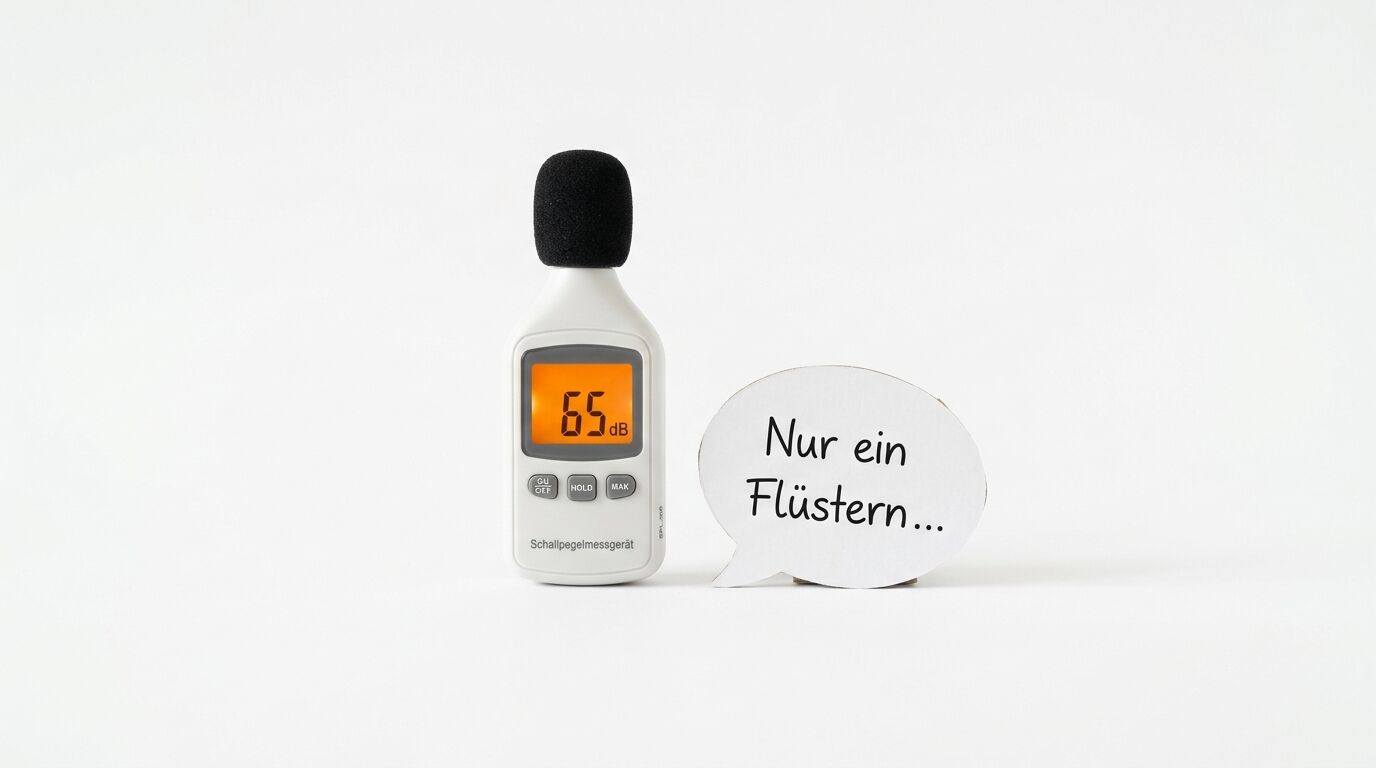 Schallpegelmesser zeigt 65 dB, daneben eine Sprechblase mit „Nur ein Flüstern...“