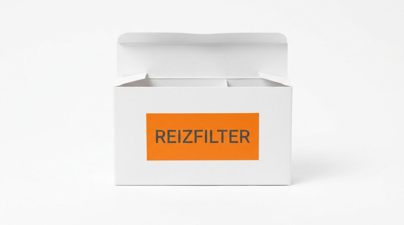 Weißer, offener Karton mit orangefarbenem Aufkleber, Aufschrift: REIZFILTER
