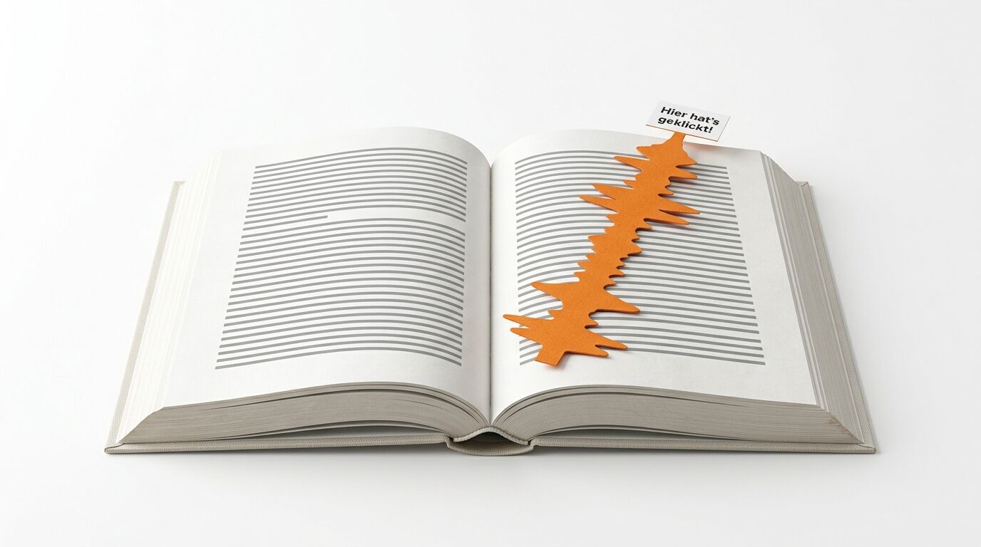Geöffnetes Buch mit orangefarbenem Lesezeichen in Kurvenform und kleinem Schild