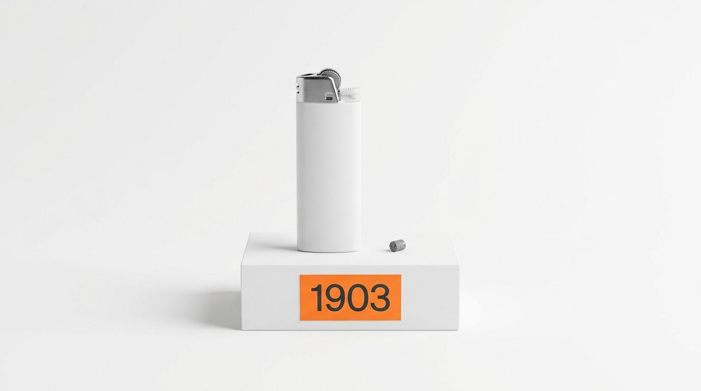 Weißes Feuerzeug auf Podest mit Zahl '1903' auf orangefarbenem Grund vor weißem Hintergrund