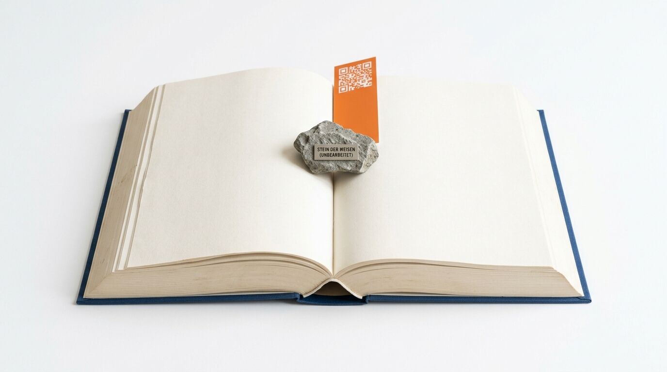 Aufgeschlagenes Buch, beschrifteter Stein und Lesezeichen mit QR-Code