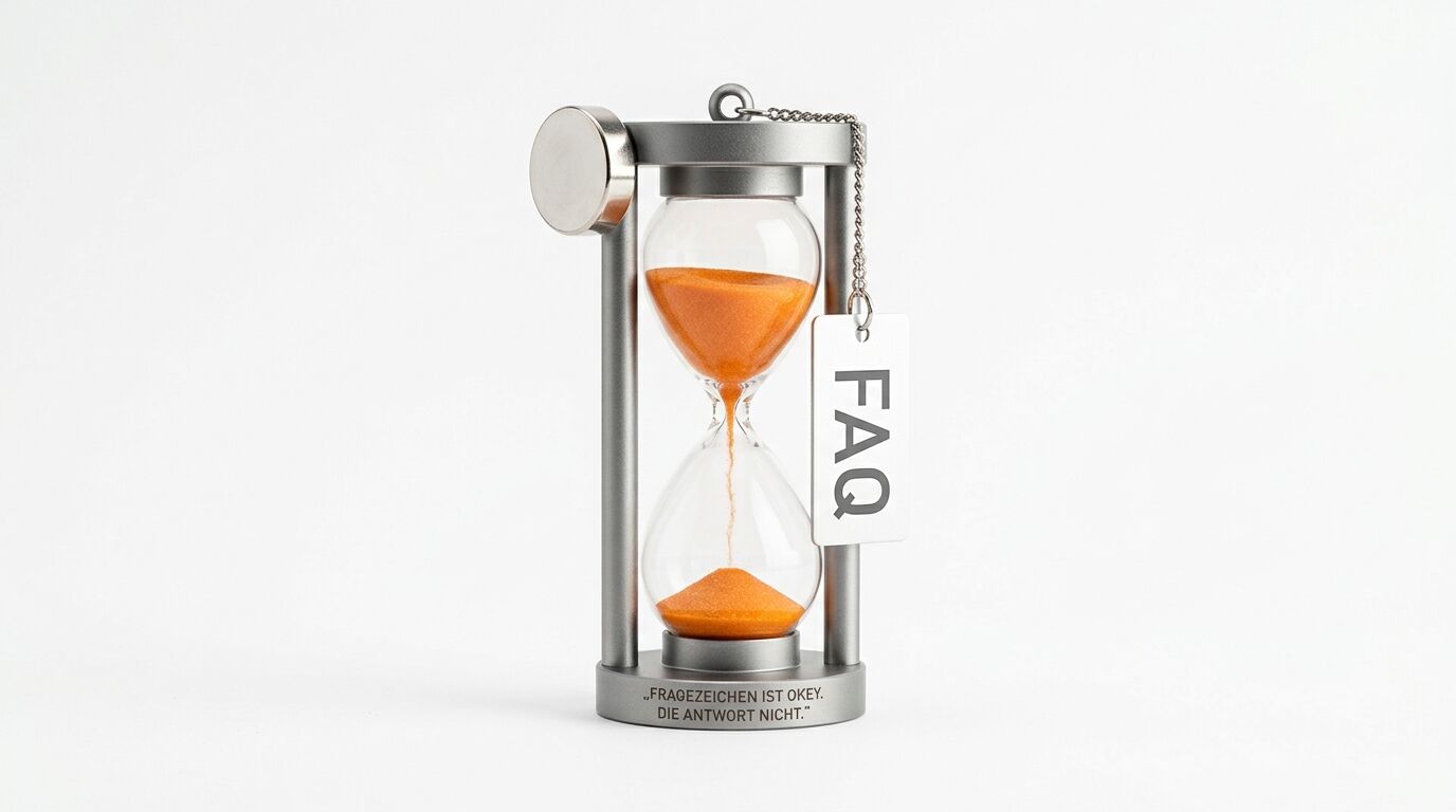 Sanduhr mit orangefarbenem Sand, Metallrahmen, FAQ-Anhänger und Zitat auf hellem Grund