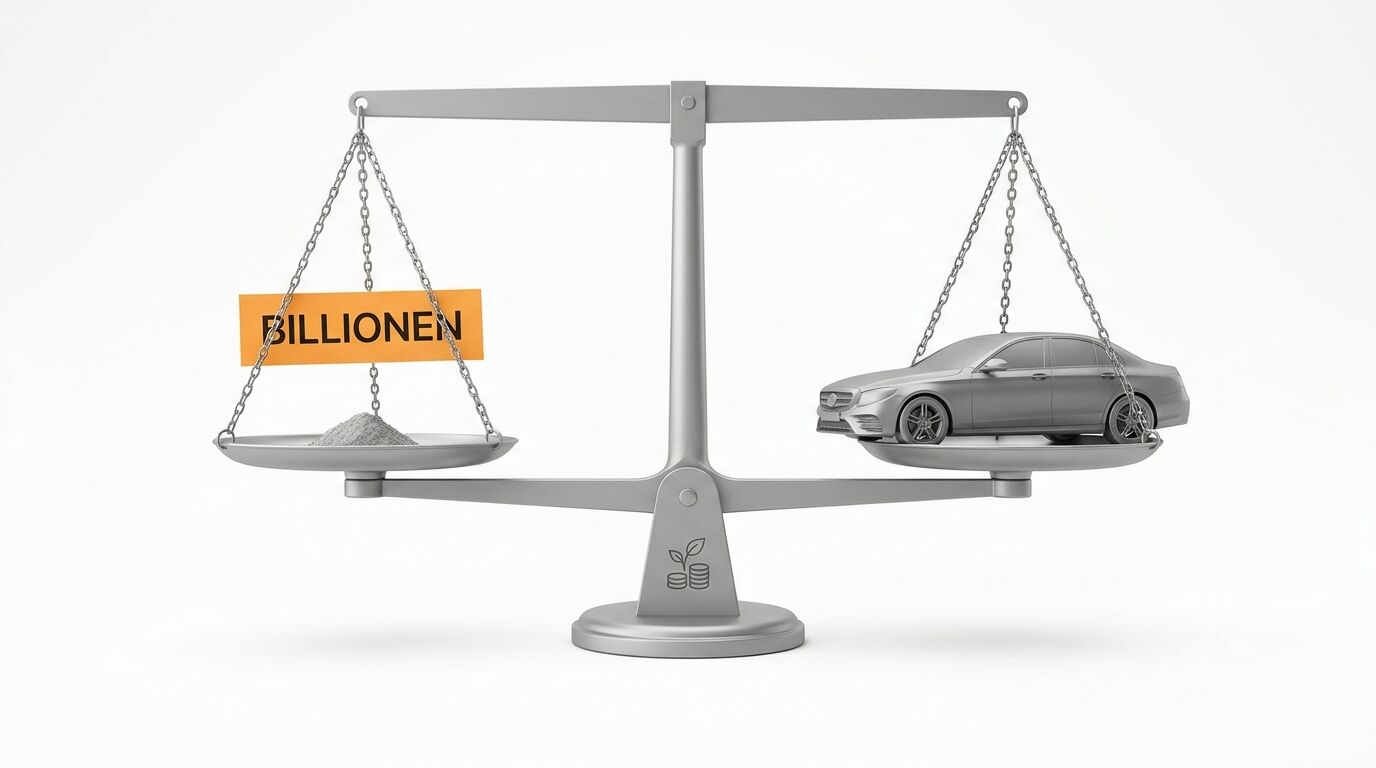 Waage mit Sand und Schild „BILLIONEN“ links im Gleichgewicht mit Auto rechts auf Weiß