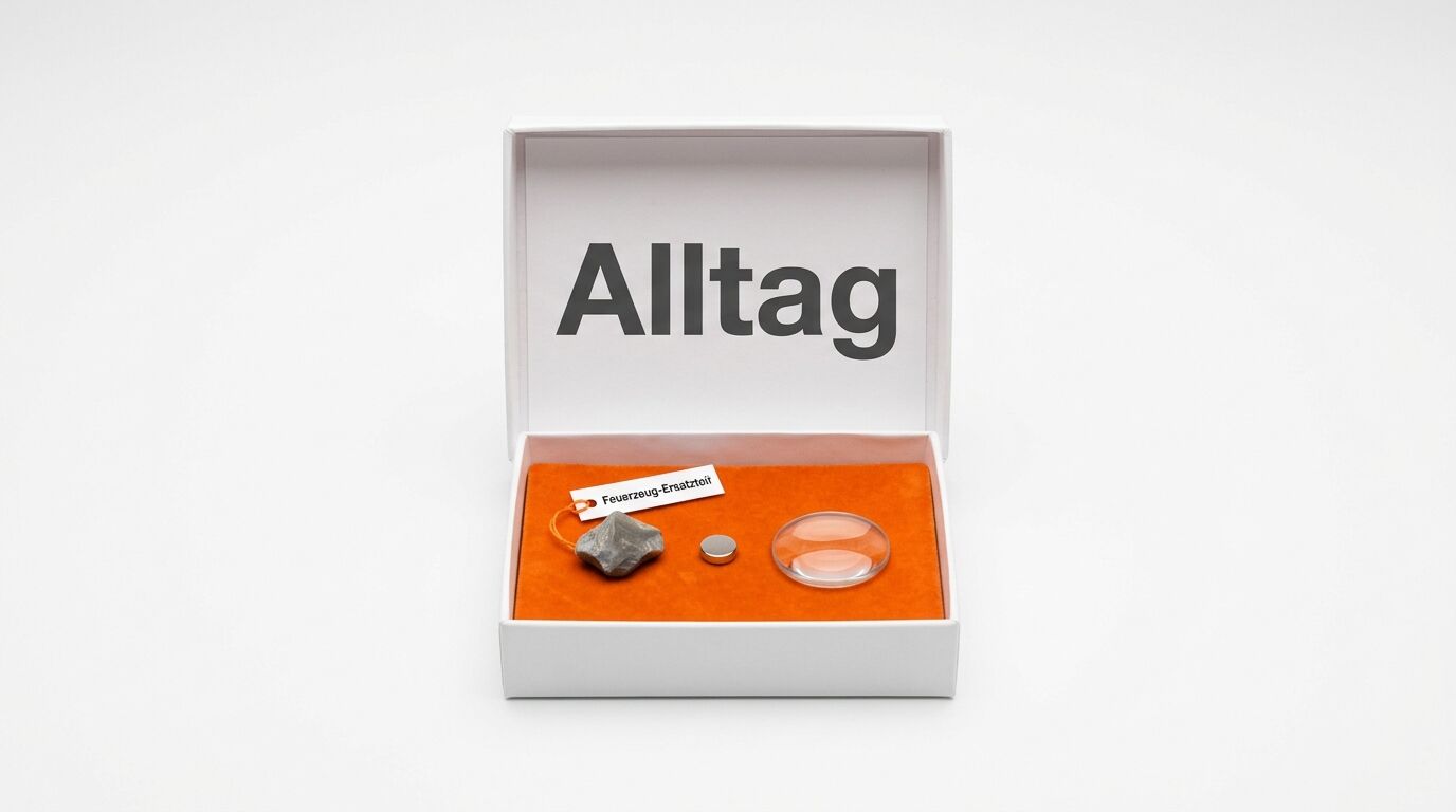 Weiße Schachtel, im Deckel „Alltag“, innen Feuerstein, Scheibe, Linse auf Orange