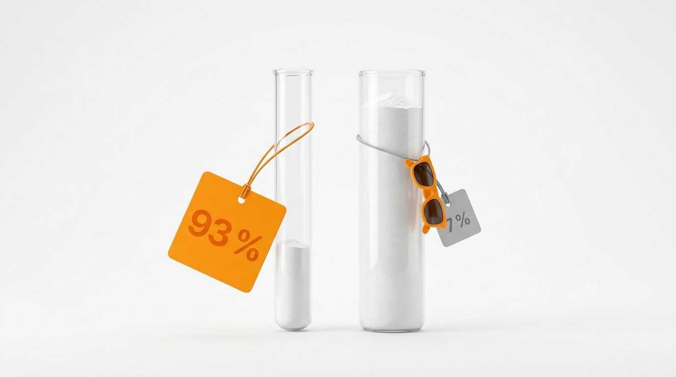 Zwei Reagenzgläser mit weißem Pulver, Schildern für 93 % und 7 % sowie einer Sonnenbrille