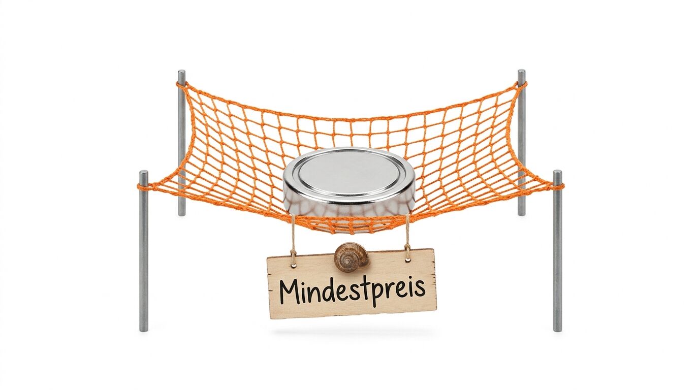 Münzzelle im orangefarbenen Netz mit Schild „Mindestpreis“ und Schnecke, vor weißem Hintergrund