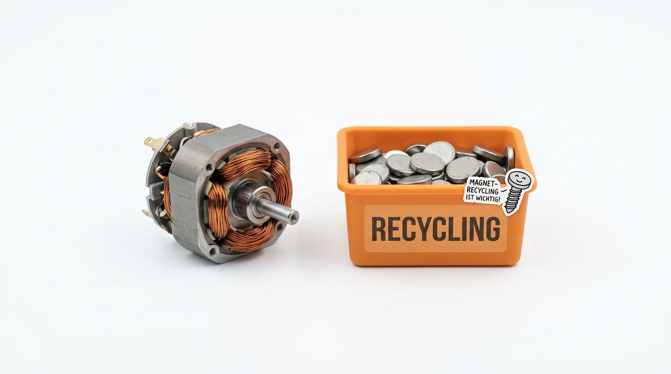 Elektromotor und orangefarbene Kiste voll runder Metallstücke auf weißem Hintergrund