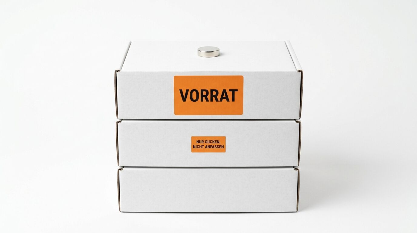 Stapel weißer Kartons mit orangen Aufklebern: „VORRAT“ und „Nur gucken, nicht anfassen“