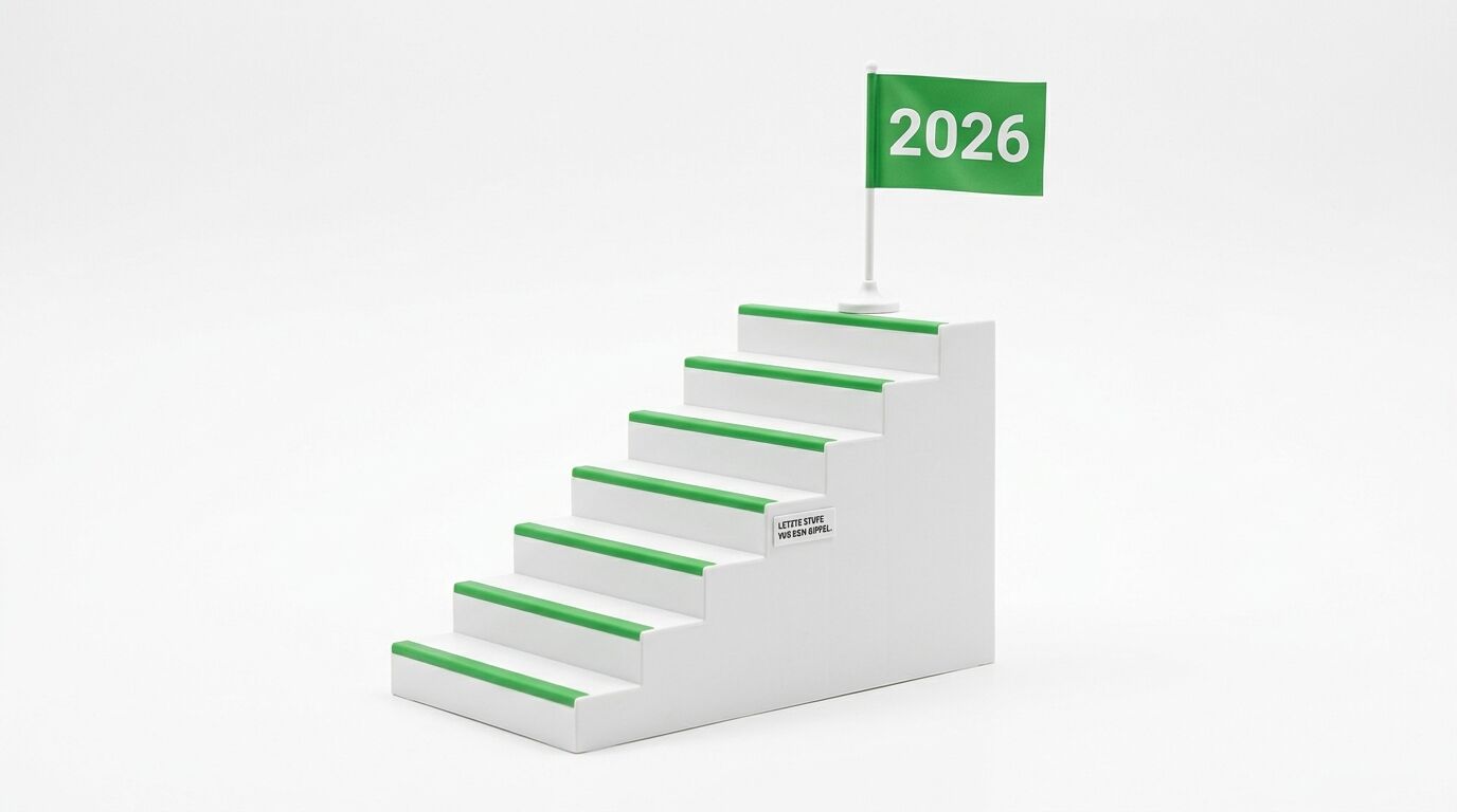 Weiße Treppe mit grünen Kanten und Fahne mit „2026“ auf weißem Grund