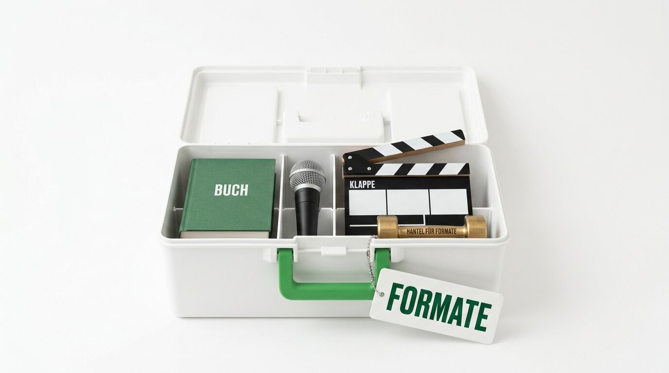 Weißer Koffer mit grünem Griff, Inhalt: Buch, Mikrofon, Filmklappe, Hantel, Schild