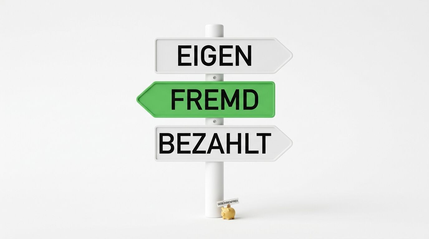 Schilder: EIGEN (weiß, rechts), FREMD (grün, links), BEZAHLT (weiß, rechts). Schwein unten