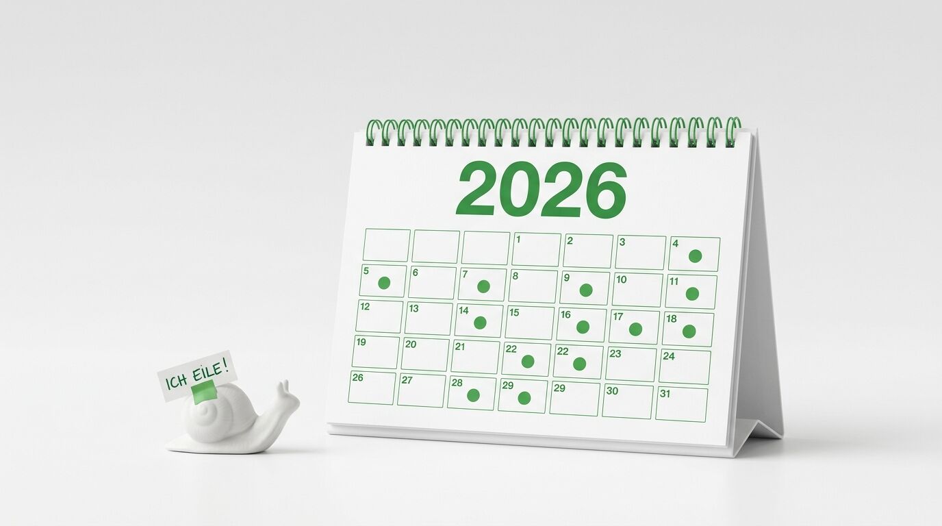 Kalender 2026 neben Schnecke mit Schild „ICH EILE!“, vor weißem Hintergrund