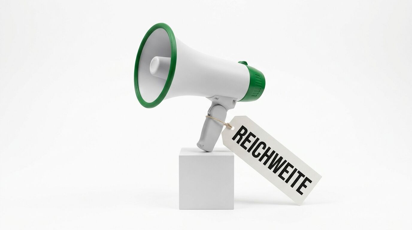 Megafon mit grünem Rand auf Sockel, angehängtes Etikett mit Aufschrift „REICHWEITE“ auf Weiß