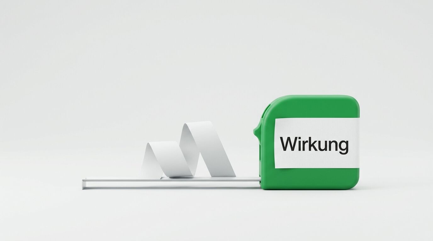 Grünes Maßband mit weißem Aufkleber „Wirkung“ und ausgerolltem Band, auf weißem Grund