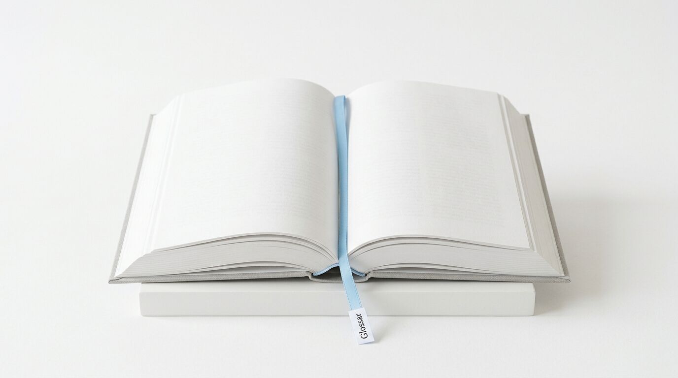 Aufgeschlagenes Buch mit hellem Einband und hellblauem Lesebändchen auf weißem Block