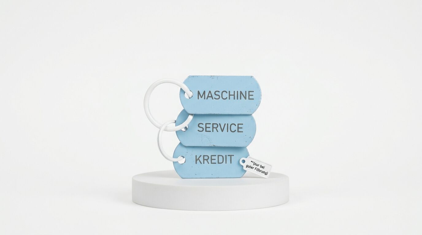 Drei blaue Anhänger mit der Aufschrift „MASCHINE“, „SERVICE“ und „KREDIT“ auf weißem Podest