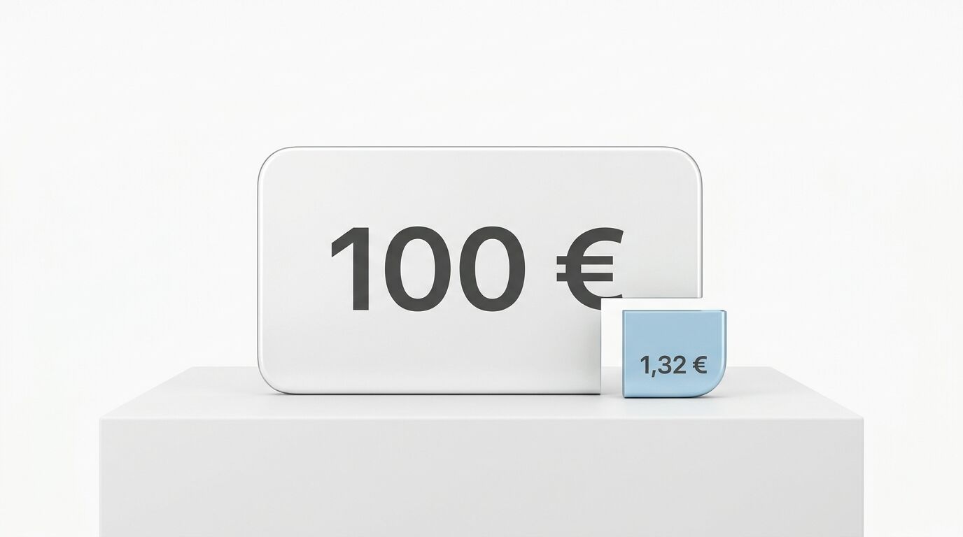 Ein helles Objekt mit der Aufschrift 100 € und ein kleineres hellblaues mit 1,32 €