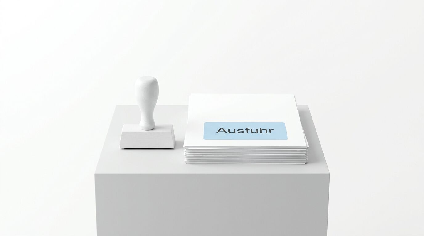 Ein weißer Stempel und ein Papierstapel mit der blauen Aufschrift „Ausfuhr“ auf einem Sockel
