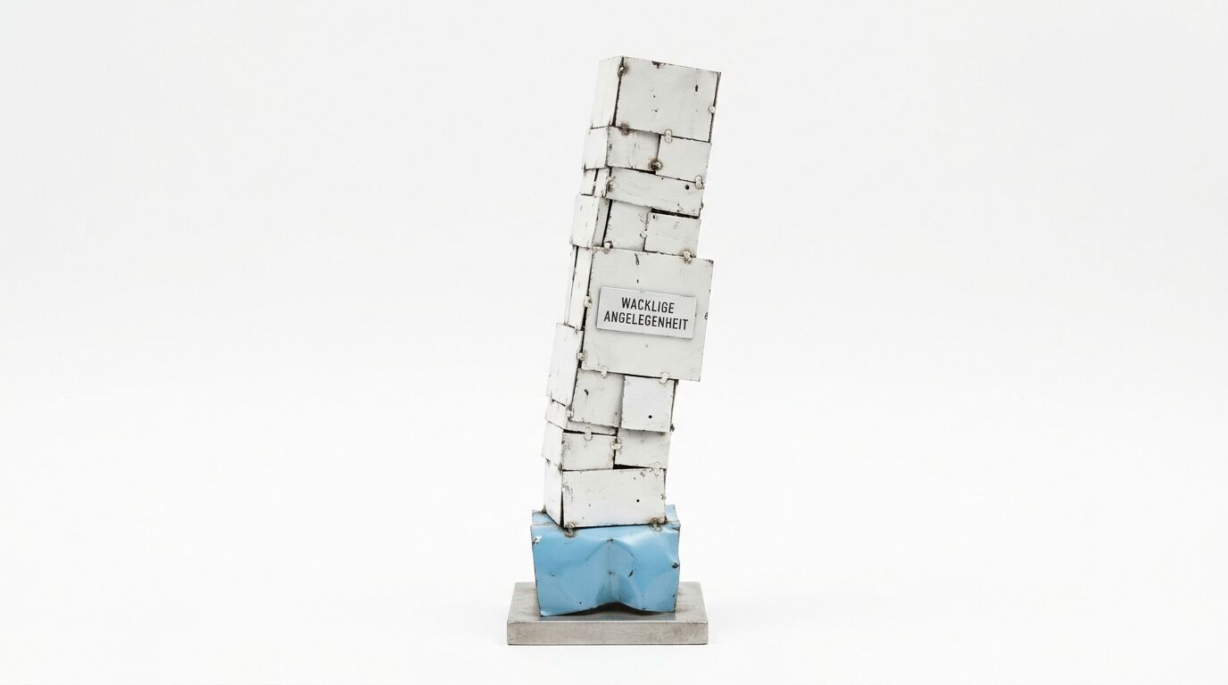 Wackliger Turm aus weißen Metallwürfeln mit Aufschrift auf blauem Sockel