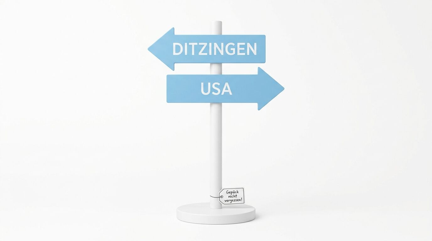 Wegweiser Ditzingen (links) und USA (rechts) mit Kofferanhänger auf weißem Hintergrund