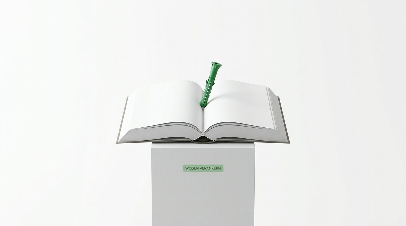 Offenes Buch mit Dübel auf Stele. Aufschrift: WISSEN VERANKERN. Weißer Hintergrund