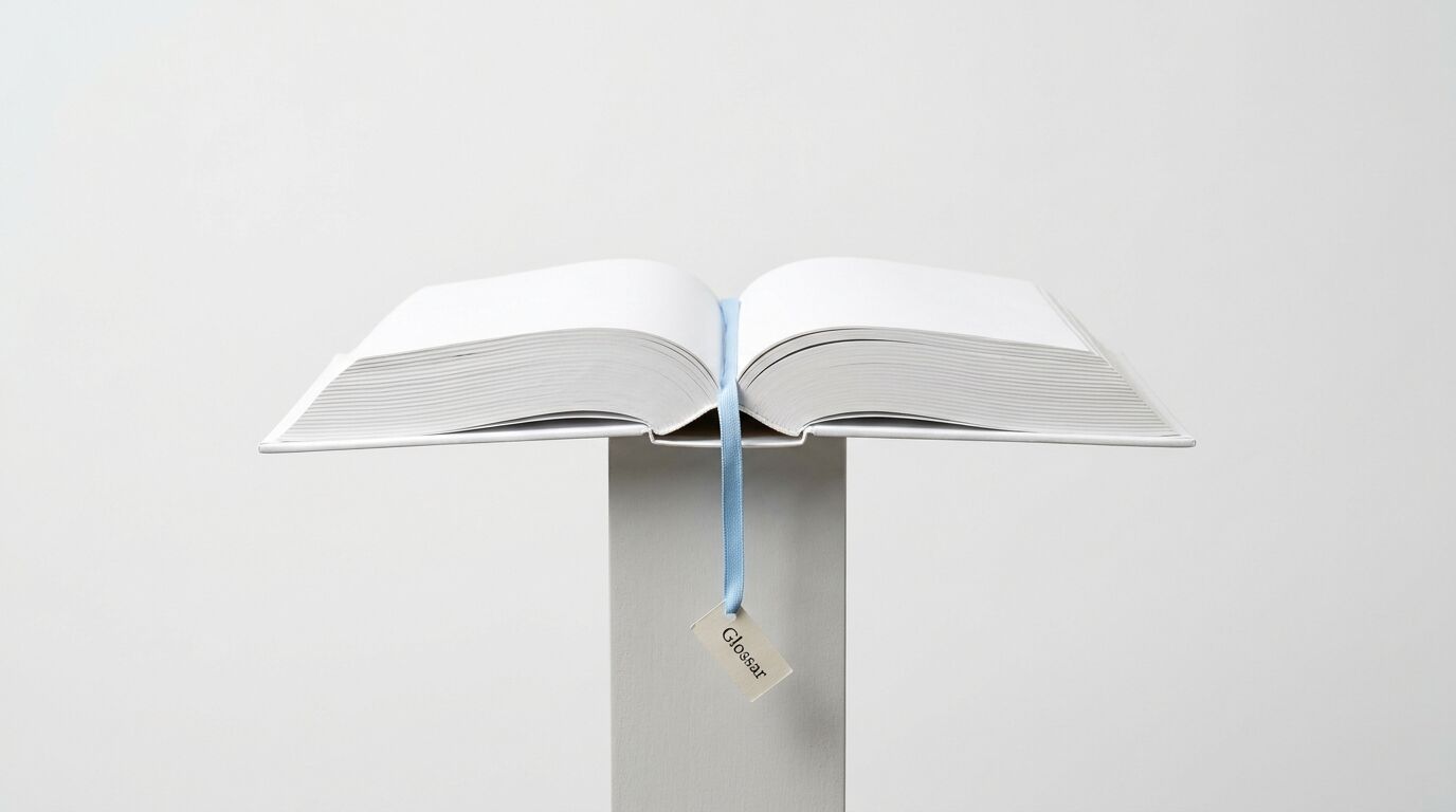 Ein weißes, aufgeschlagenes Buch mit einem Lesezeichen „Glossar“ liegt auf einem hellgrauen Sockel vor einem schlichten Hintergrund