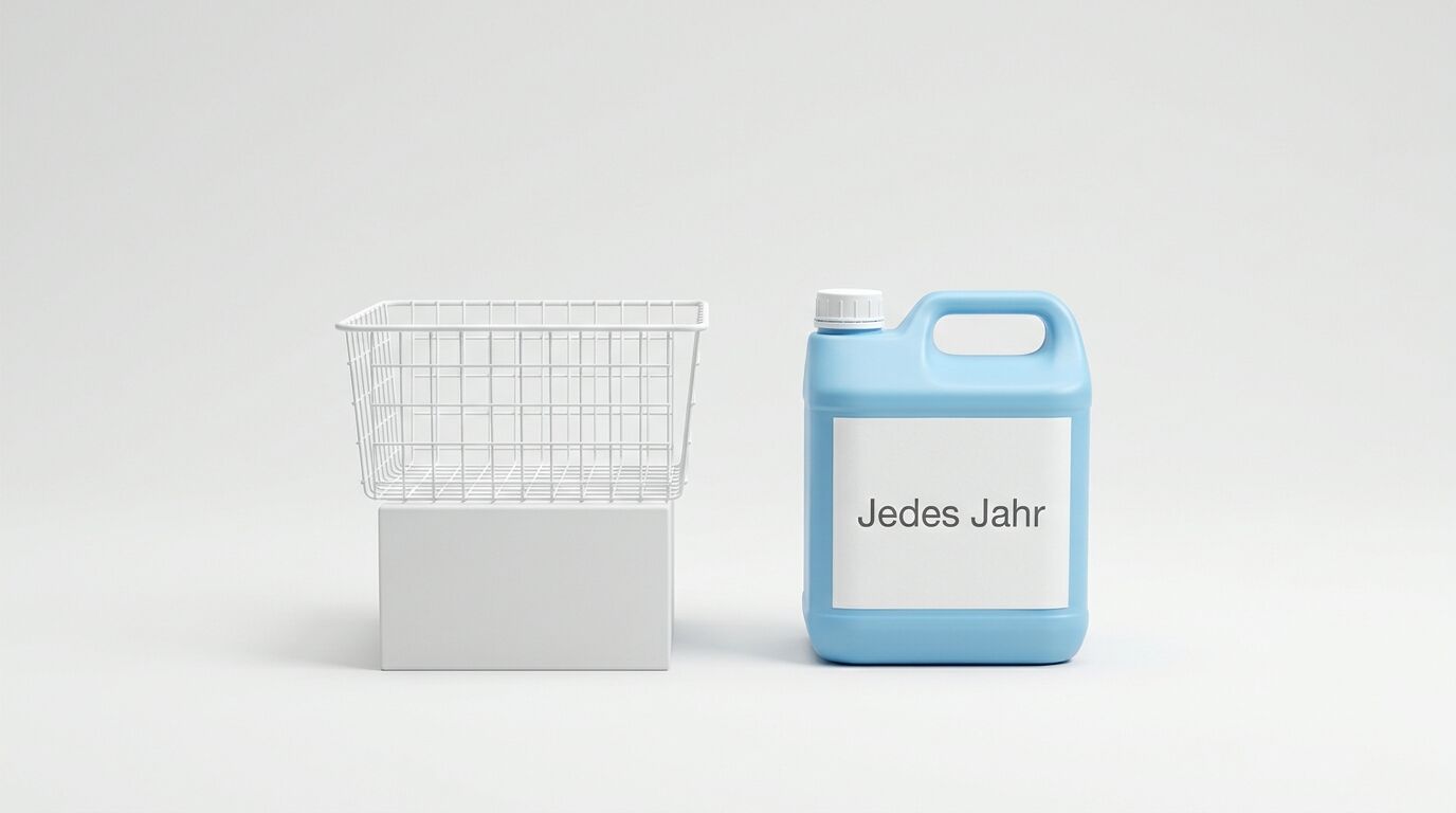 Gitterkorb auf Sockel und blauer Kanister mit Text „Jedes Jahr“ auf weißem Grund