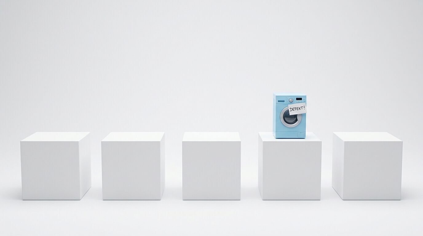 Eine kleine, blaue Waschmaschine steht auf einem weißen Würfel mit einem Schild „DEFEKT!“