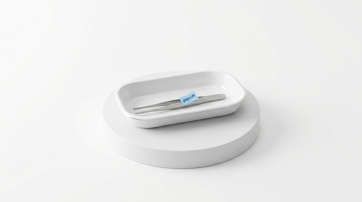 Weiße Nierenschale mit Metallpinzette und blauem Zettel mit Aufschrift „geprüft“