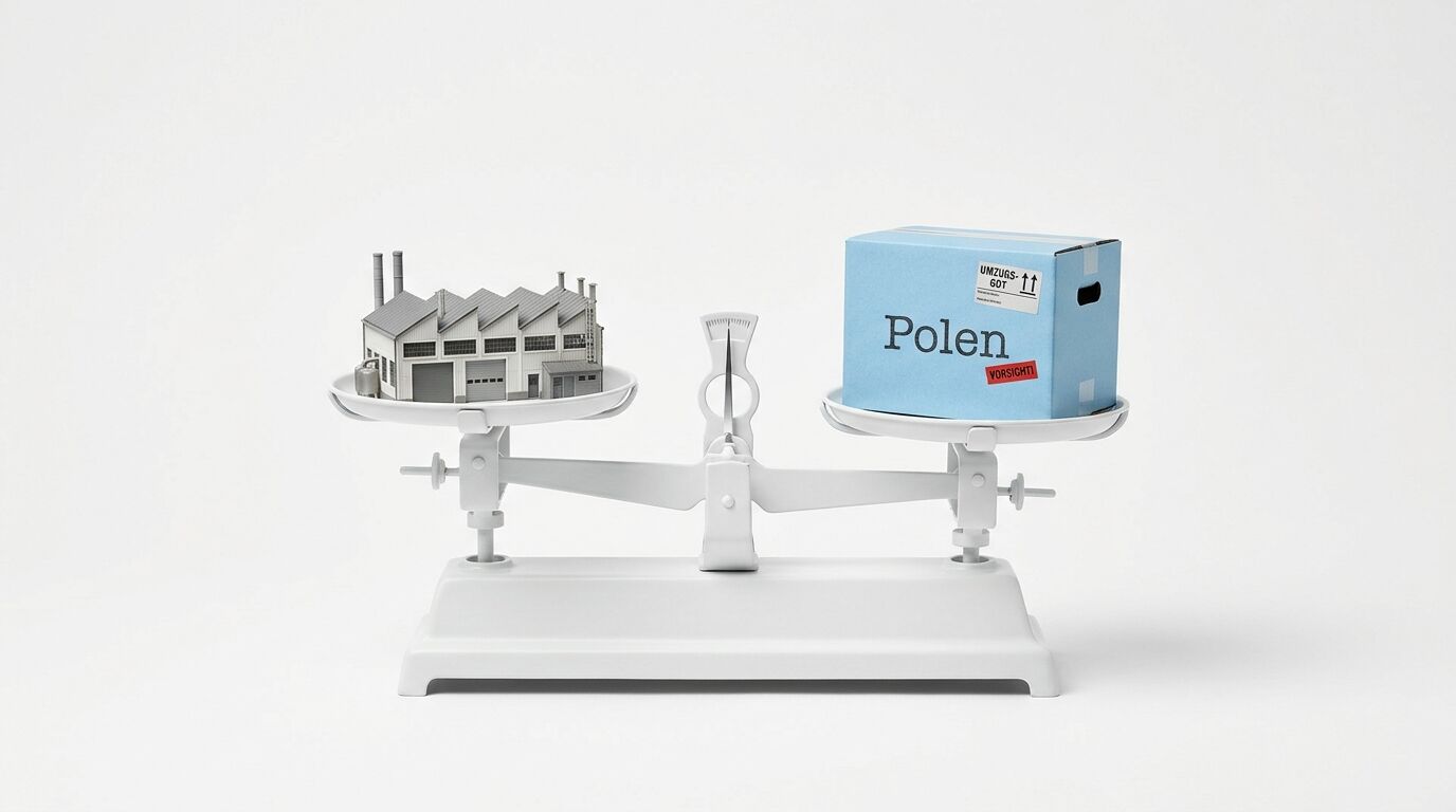 Waage mit Fabrikmodell links und blauem Paket mit Aufschrift „Polen“ rechts