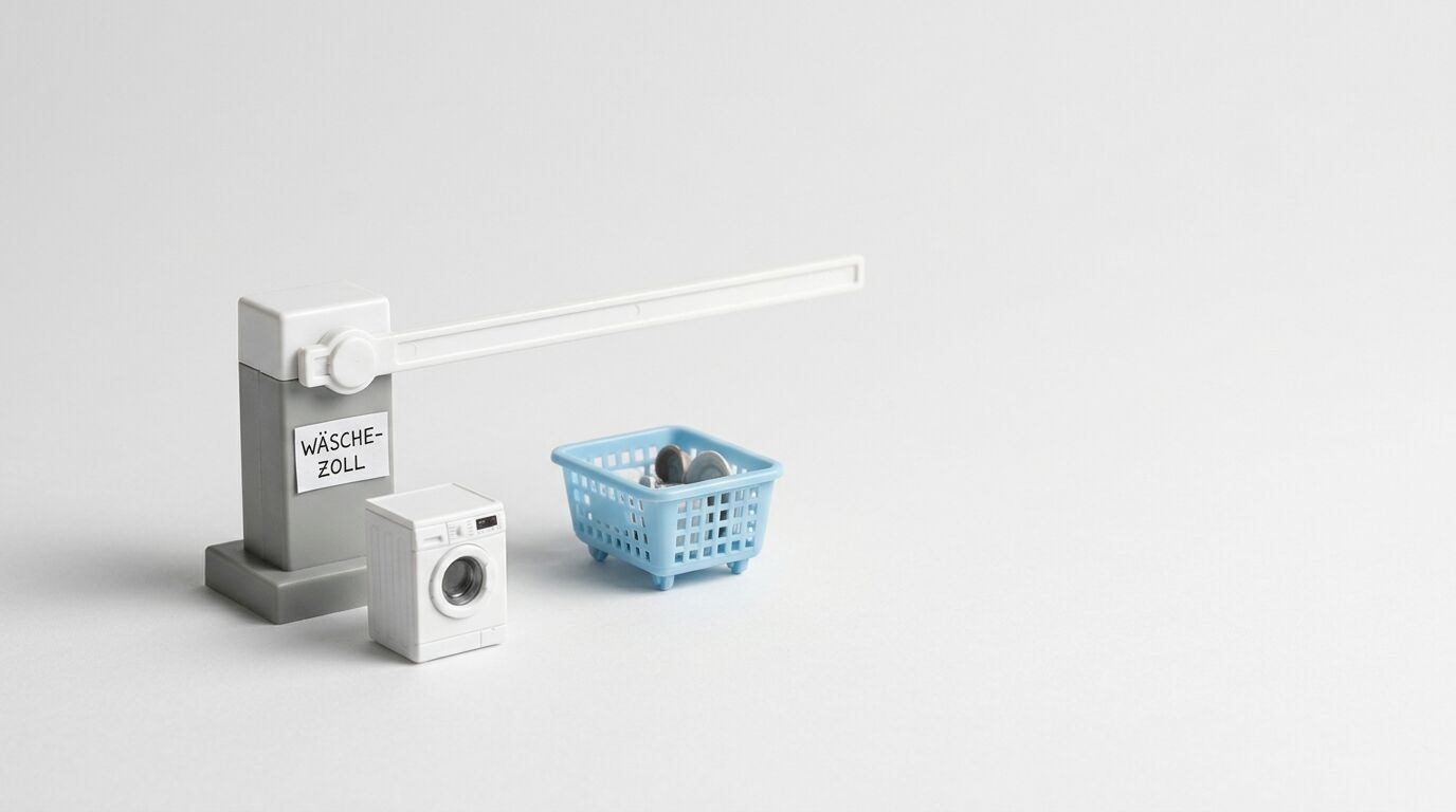 Modell-Schranke mit Aufschrift „WÄSCHE-ZOLL“, Waschmaschine und Wäschekorb vor weißem Grund