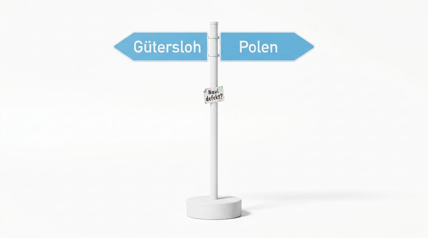 Ein Wegweiser zeigt nach Gütersloh und Polen, mit einem Zettel „Navi defekt?“ am Pfahl