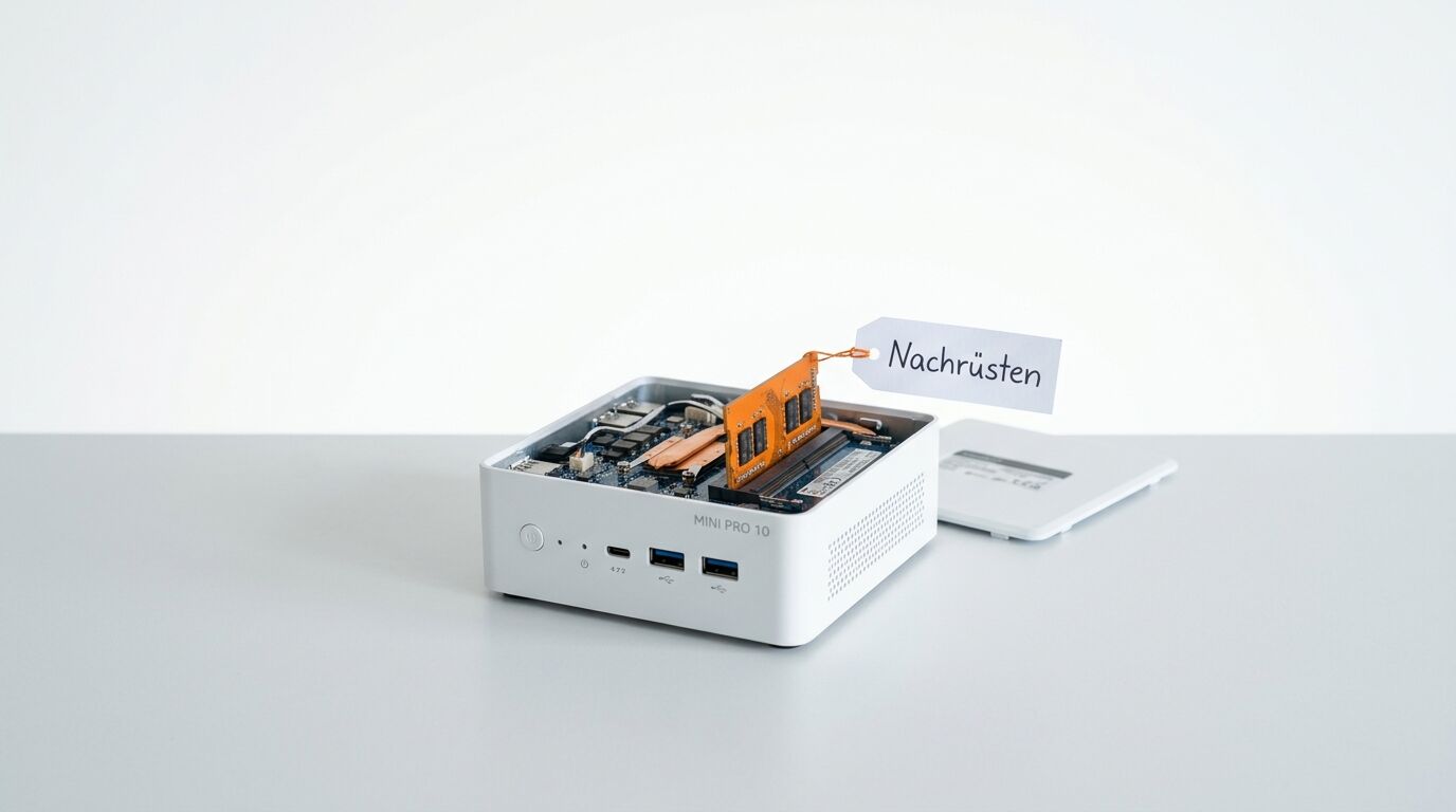 Geöffneter Mini-PC mit Arbeitsspeicher-Modul und Schild