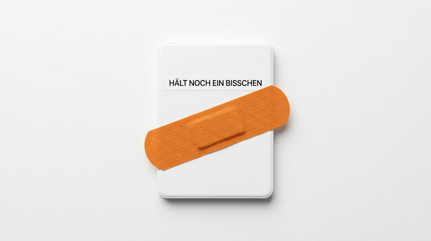 Ein weißer Gegenstand mit Pflaster und Aufschrift „HÄLT NOCH EIN BISSCHEN“ vor weißem Hintergrund