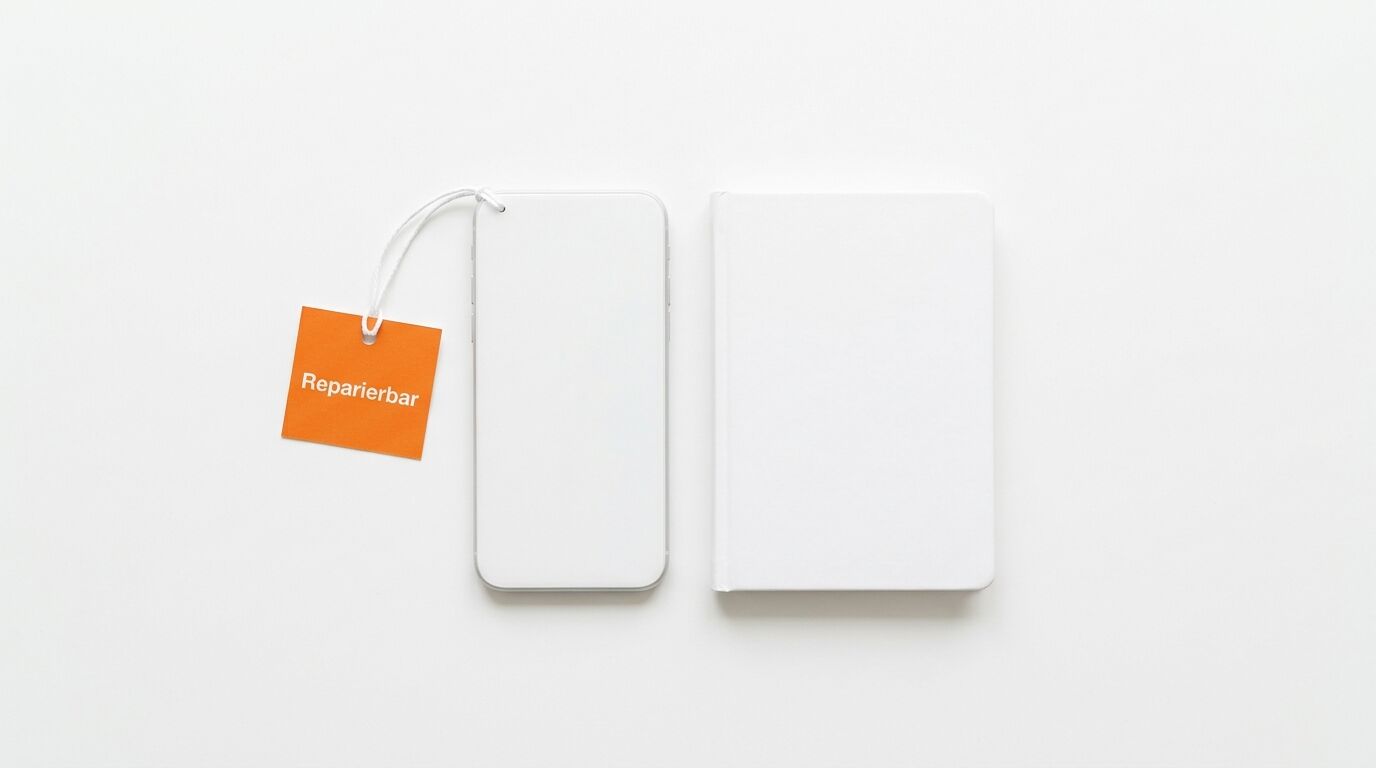 Weißes Smartphone mit orangem Anhänger (Reparierbar) neben weißem Buch auf weißem Grund