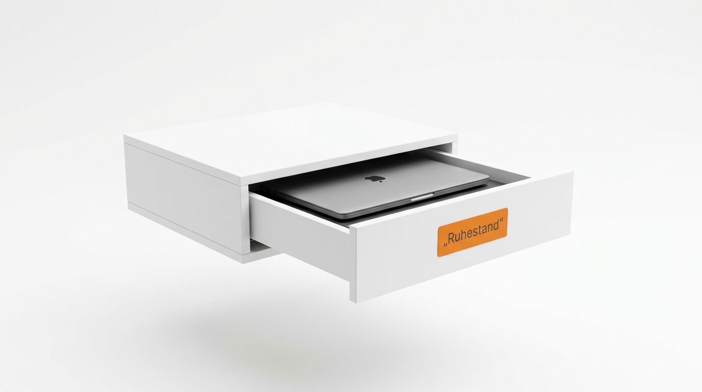 Hängende weiße Schublade mit MacBook und orangefarbenem Aufkleber „Ruhestand“