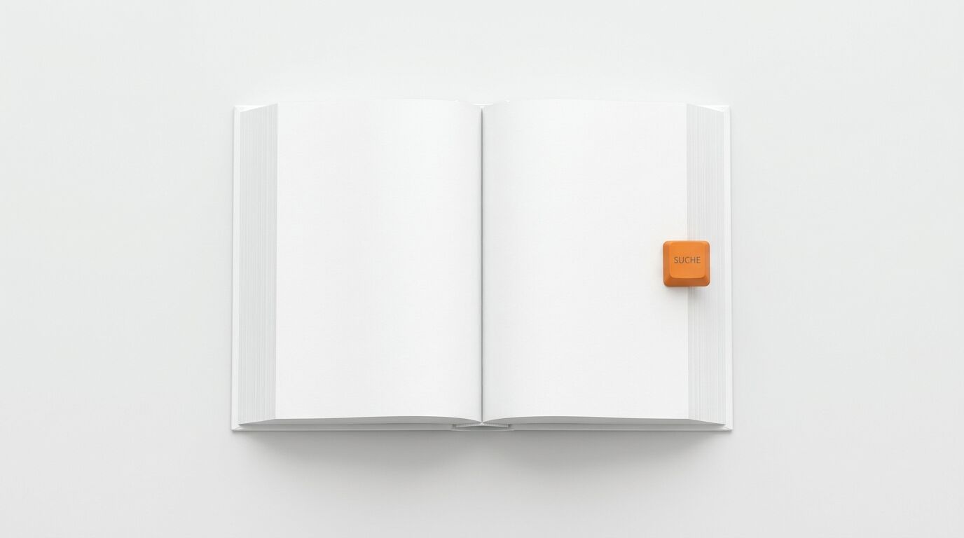 Offenes Buch mit leeren weißen Seiten und einer orangefarbenen Taste mit der Aufschrift SUCHE