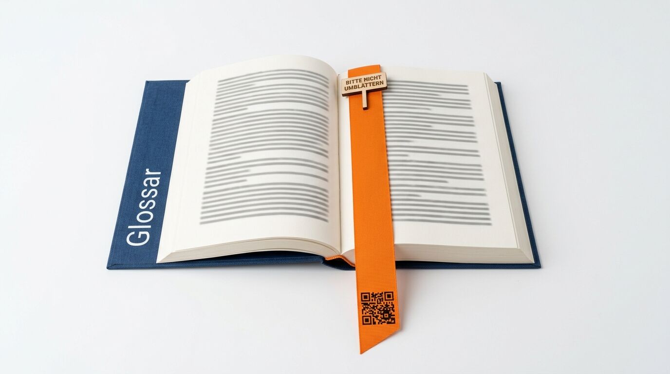 Geöffnetes Buch mit blauem Einband und orangefarbenem Lesezeichen mit QR-Code und Text