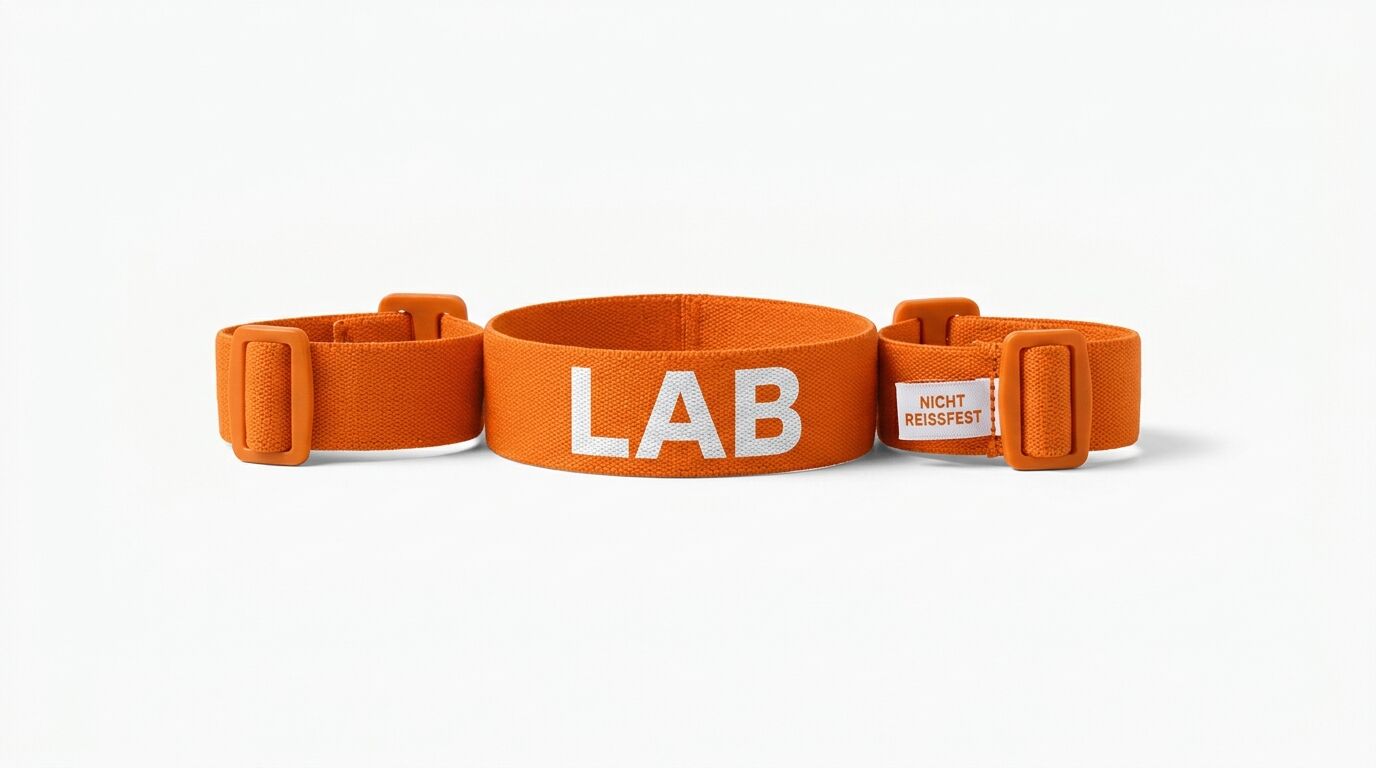 Drei orangefarbene elastische Bänder, das mittlere mit weißer