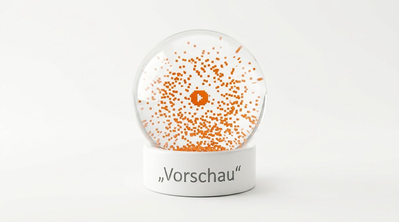 Schneekugel mit Play-Symbol, orangen Pixeln und dem Schriftzug