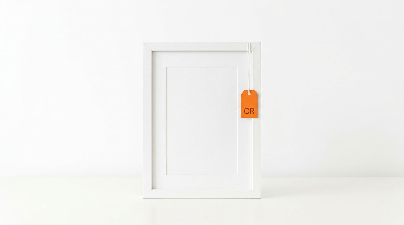 Ein weißer Bilderrahmen mit Passepartout und einem orangen Preisschild