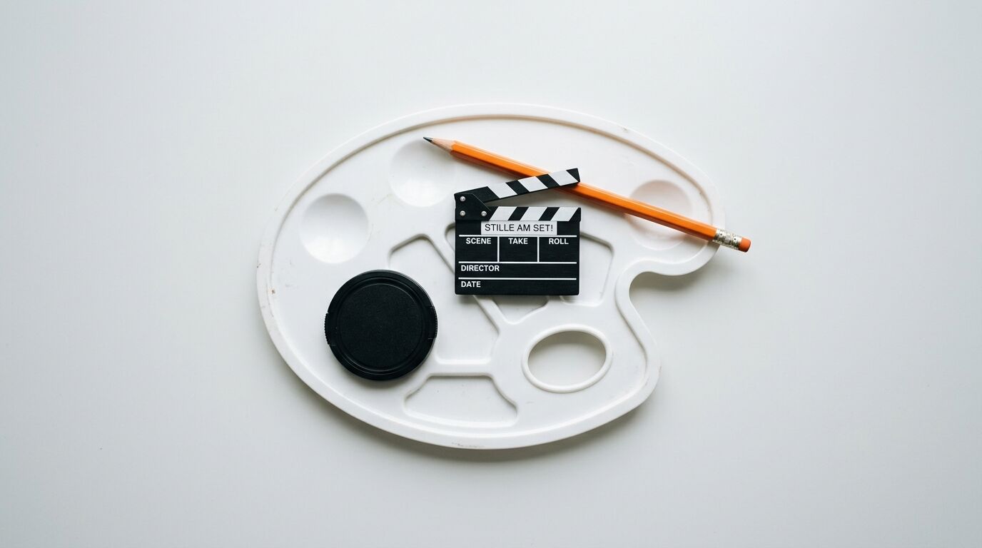 Weiße Palette mit Filmklappe (STILLE AM SET!), Bleistift und Objektivdeckel auf grauem Grund